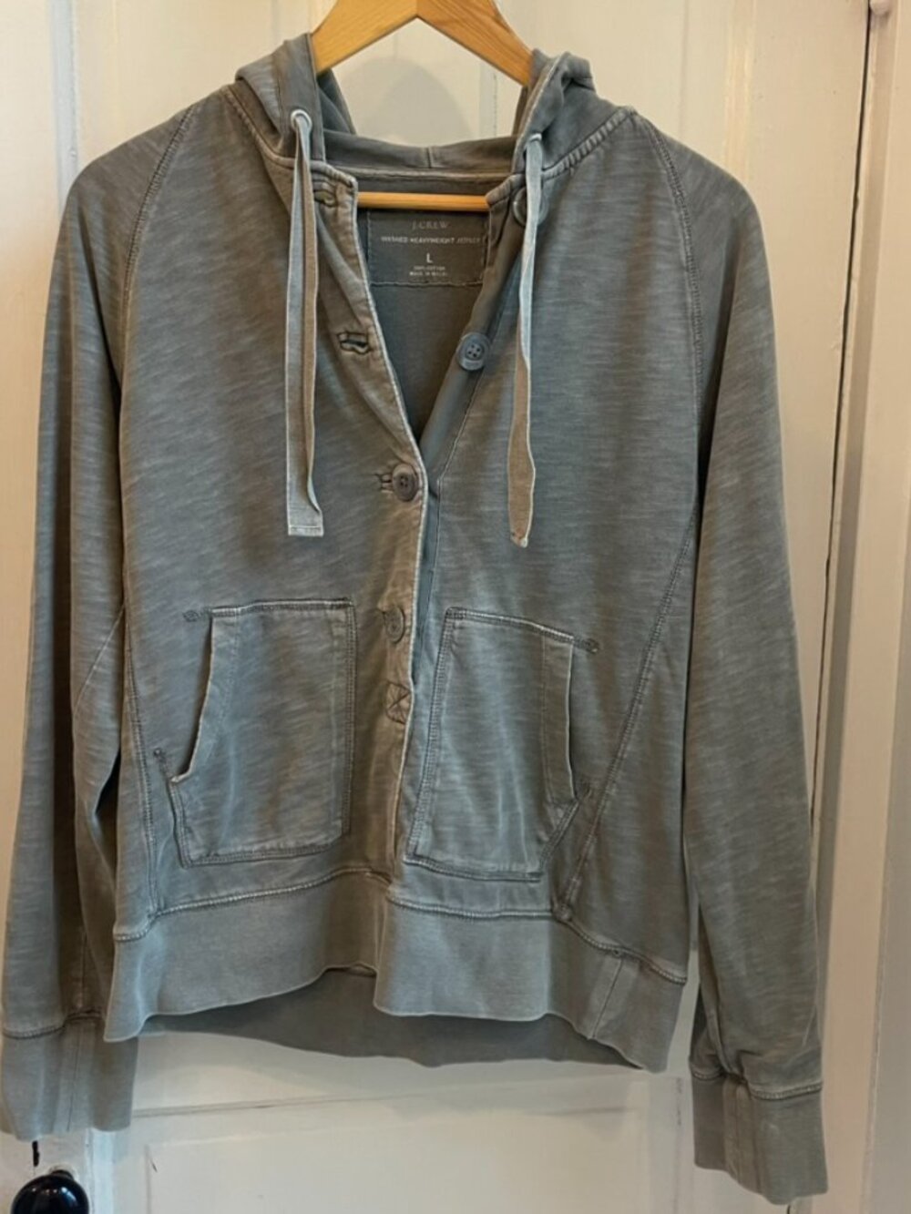 J.Crew Grey Washed Heavyweight Jersey Hoodie Button Front - Size Large